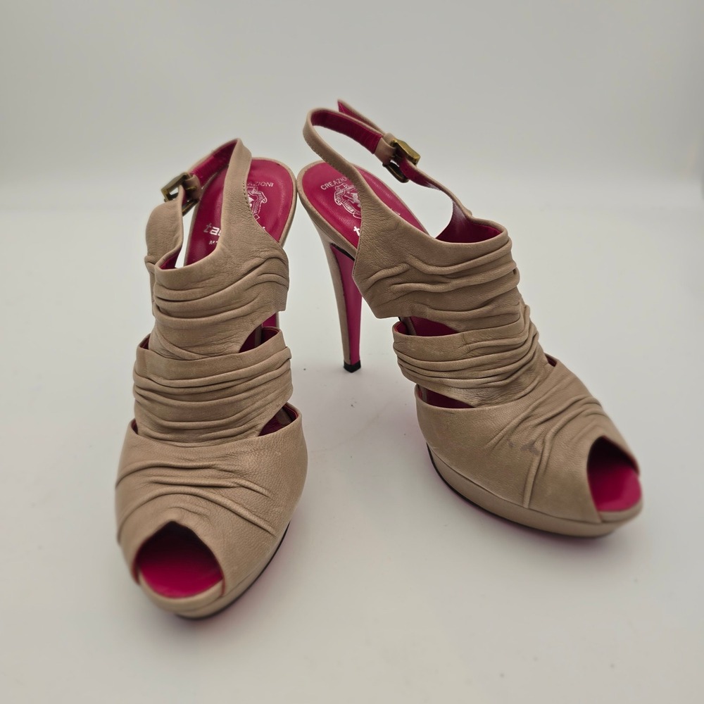 Creazioni Taccetti Beige Ruched Leather Peep‎ Toe Slingback Heels 38/7.5 Italian